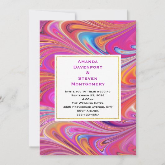 Invitation Mariage de design Tourbillonnant Trippy rose et or (Devant)
