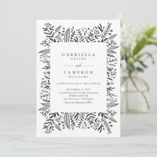 Invitation Mariage de dessin chic Black White Floral Line (Debout devant)