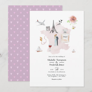Invitation Mariage de destination à Paris à l'aquarelle Monog