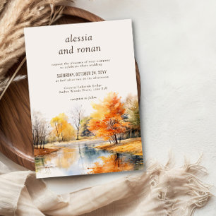 Invitation Mariage de destination aquarelle au lac en automne