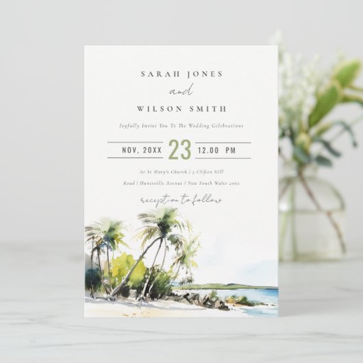 Invitation Mariage de Destination Aquarelle Côtière Tropicale (Debout devant)