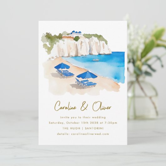 Invitation Mariage de destination aquarelle sur la côte grecq (Debout devant)