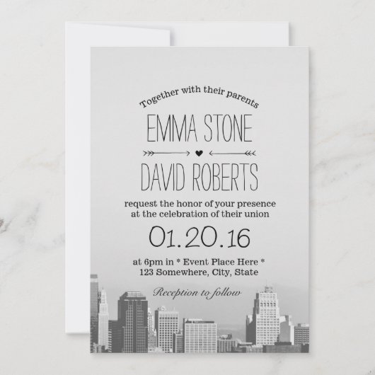 Invitation Mariage de destination City Skyline moderne (Devant)