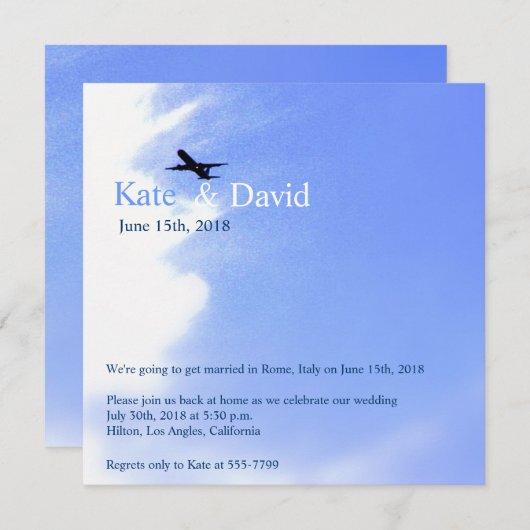 Invitation Mariage de destination dans le ciel en avion perso (Devant / Derrière)
