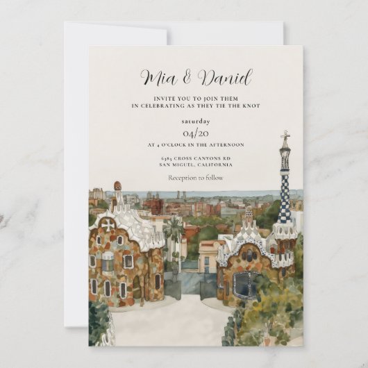 Invitation MARIAGE DE DESTINATION DE BARCELONE Espagne Skylin (Devant)
