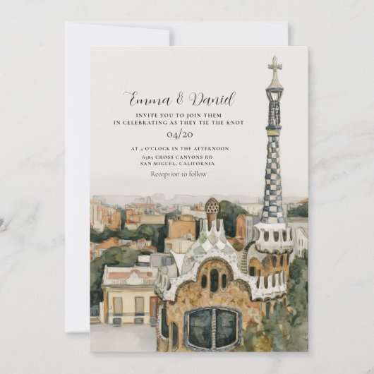 Invitation MARIAGE DE DESTINATION DE BARCELONE Espagne Skylin (Devant)