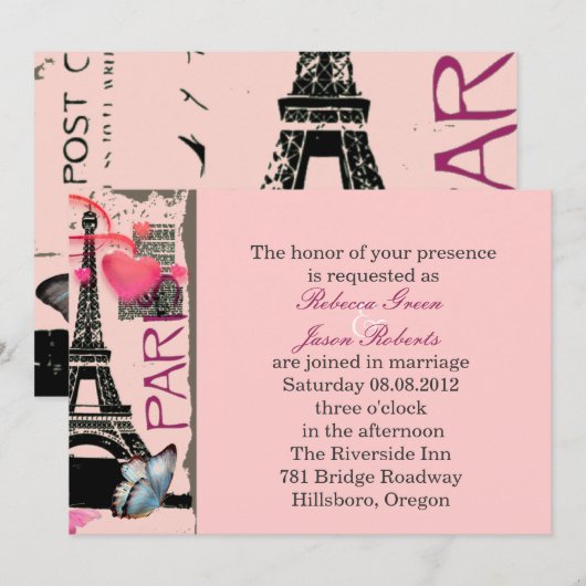 Invitation mariage de destination de la tour eiffel rose de p (Devant / Derrière)