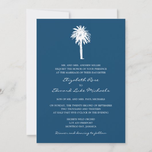 Invitation Mariage de destination de Navy Blue Palm Tree (Devant)