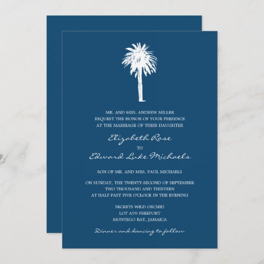 Invitation Mariage de destination de Navy Blue Palm Tree (Devant / Derrière)