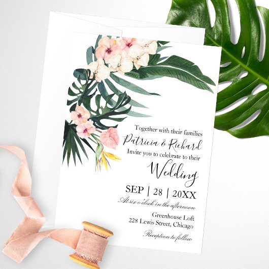 Invitation Mariage de Destination de Plage aux Palmiers Tropi