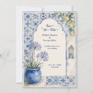 Invitation Mariage de destination en carrelage bleu Citron d'