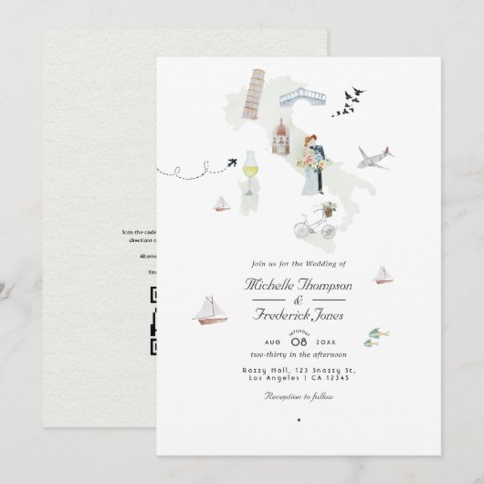 Invitation Mariage de destination italien à code QR aquarelle (Devant / Derrière)
