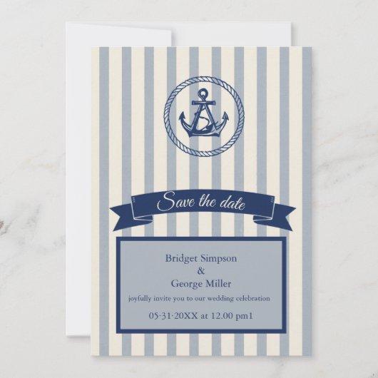 Invitation mariage de destination maritime à rayures d'ancrag (Devant)