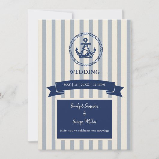 Invitation Mariage de destination maritime à rayures d'ancre (Devant)