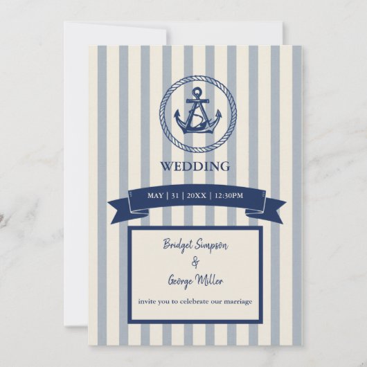 Invitation Mariage de destination maritime à rayures d'ancre (Devant)