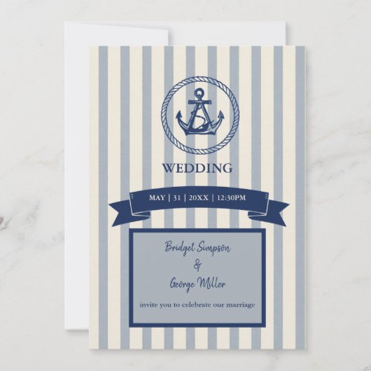 Invitation Mariage de destination maritime à rayures d'ancre (Devant)