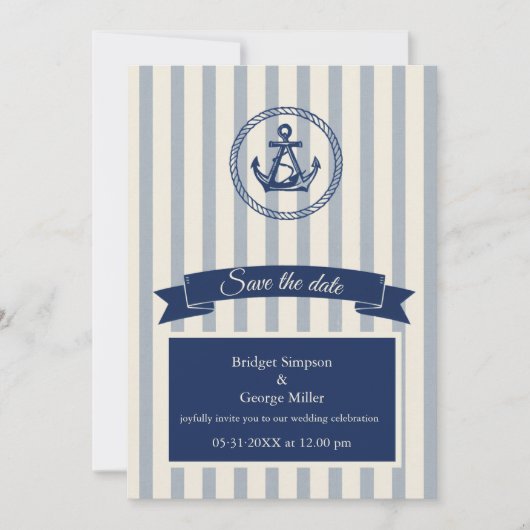 Invitation Mariage de destination maritime à rayures d'ancre  (Devant)