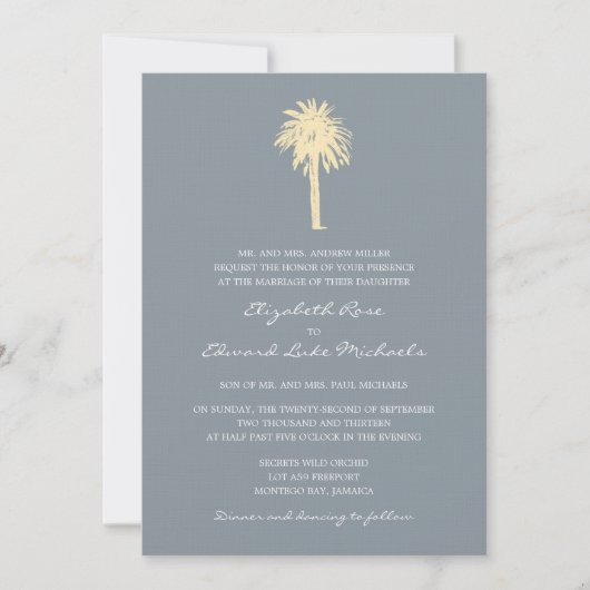 Invitation Mariage de destination pour palmiers jaunes gris e (Devant)