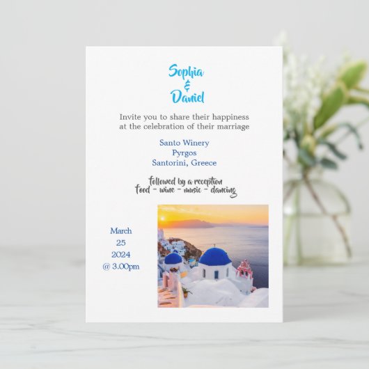Invitation Mariage de destination - Santorin, Grèce Invitatio (Debout devant)