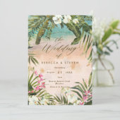 Invitation mariage de destination sur une plage aux feuilles  (Debout devant)