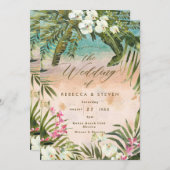Invitation mariage de destination sur une plage aux feuilles  (Devant / Derrière)