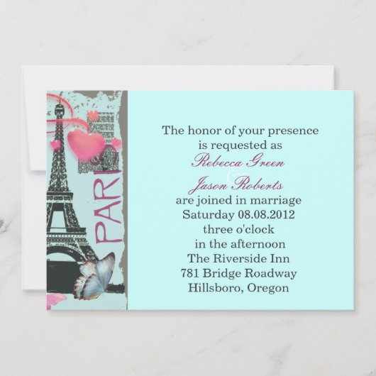Invitation mariage de destination tour eiffel rose paris (Devant)