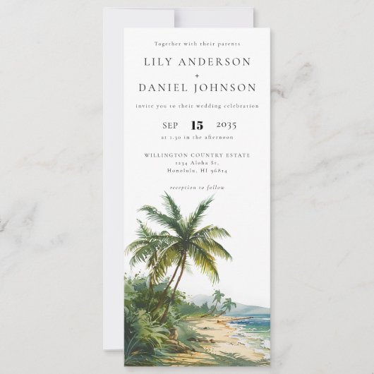 Invitation Mariage de destination tropical à l'aquarelle (Devant)