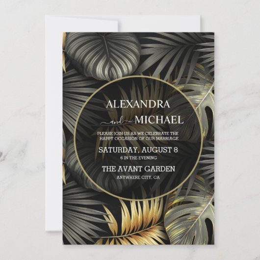 Invitation Mariage de destination tropicale Noir et Or (Devant)