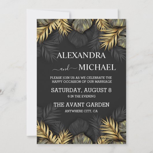 Invitation Mariage de destination tropicale Noir et Or (Devant)