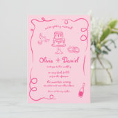 Invitation Mariage de détails Whimsical main tiré Hot Pink (Debout devant)