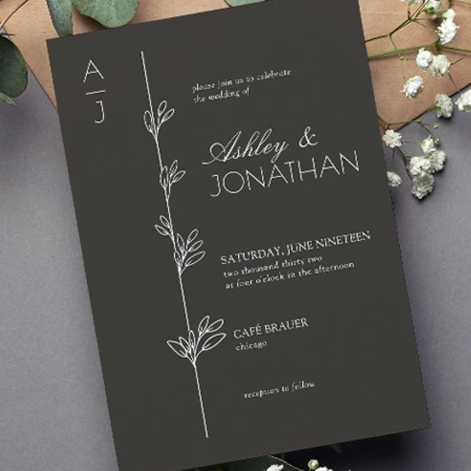 Invitation Mariage de diviseur botanique moderne Noir