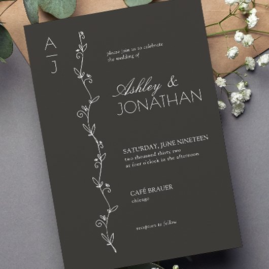 Invitation Mariage de diviseur botanique moderne Noir