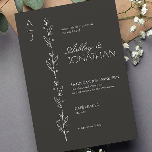 Invitation Mariage de diviseur botanique moderne Noir