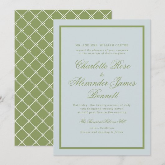 Invitation Mariage de Domaine Vert Olive Écriture Classique (Devant / Derrière)