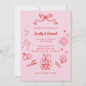 Invitation Mariage de doodle rétro rouge et rose (Devant)