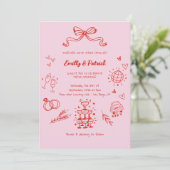 Invitation Mariage de doodle rétro rouge et rose (Debout devant)