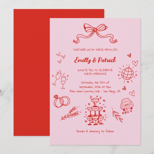 Invitation Mariage de doodle rétro rouge et rose (Devant / Derrière)