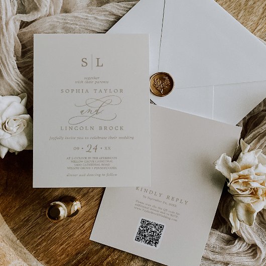 Invitation Mariage de dos de code QR de monogramme d'ivoire d
