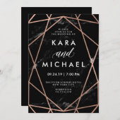 Invitation Mariage de Faux Rose géométrique en marbre noir (Devant / Derrière)
