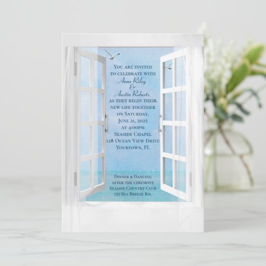 Invitation Mariage de fenêtre Vue Océan avec mouettes (Debout devant)