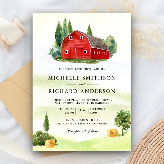 Invitation Mariage de ferme rustique à l'aquarelle rouge gran