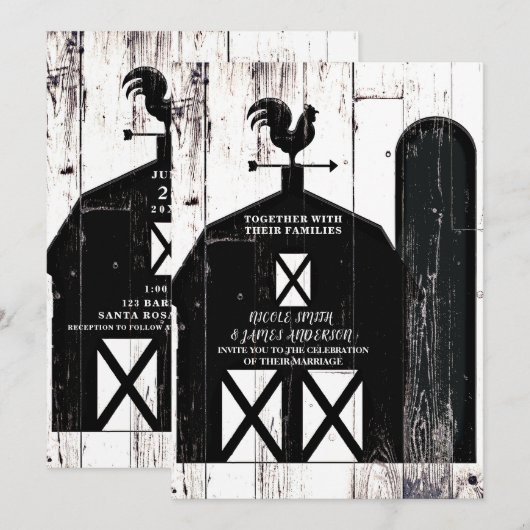 Invitation Mariage de Ferme Rustique Bois Blanc Grange Noire (Devant / Derrière)
