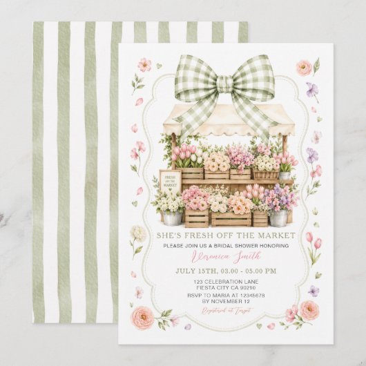 Invitation Mariage de Fête de Marché de Fleurs à Ruban Vert S (Devant / Derrière)
