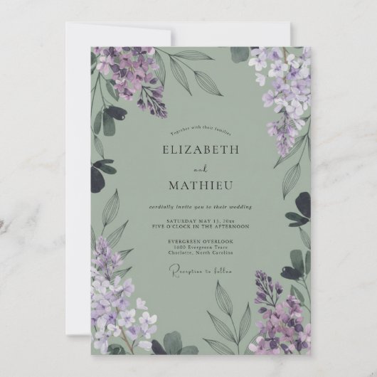 Invitation Mariage de feuillage aquarelle lilas (Devant)