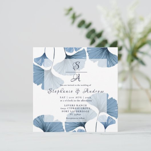 Invitation Mariage de feuillage bleu et blanc moderne (Debout devant)