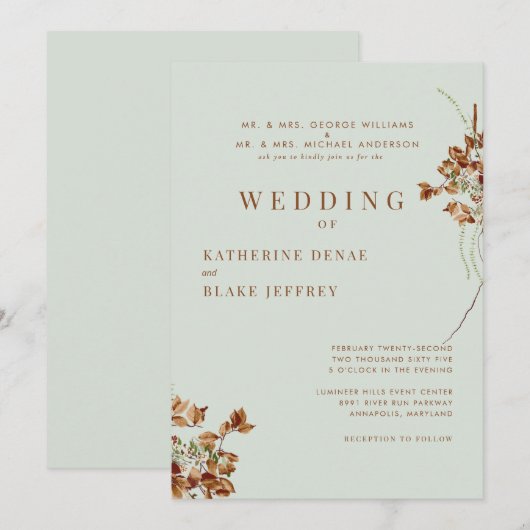 Invitation Mariage de feuillage chauffant de Sage clair conte (Devant / Derrière)