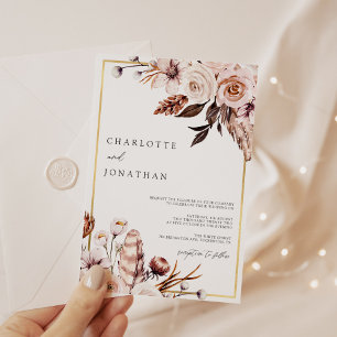 Invitation Mariage de feuillage couleur or rose et mauve