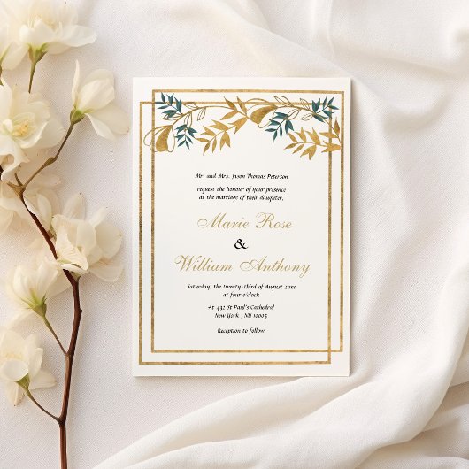 Invitation Mariage de feuillage cyan gris or blanc géométriqu