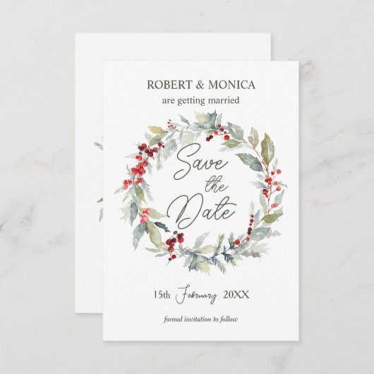 Invitation Mariage de feuillage de baies rouges Sauvez la dat (Devant / Derrière)
