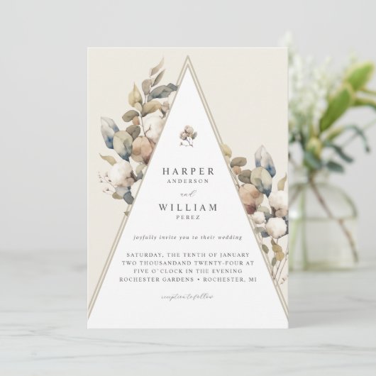 Invitation Mariage de feuillage de coton triangle bohème (Debout devant)